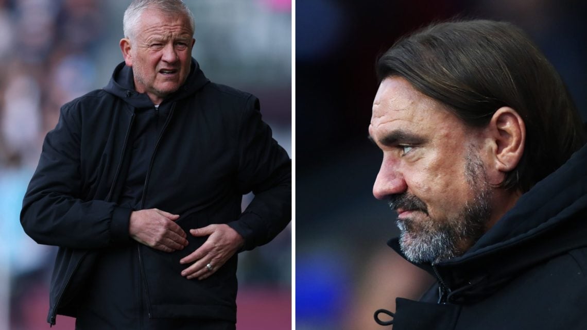 Chris Wilder prepares for a Sheffield United match as Daniel Farke looks on during a Leeds United game.