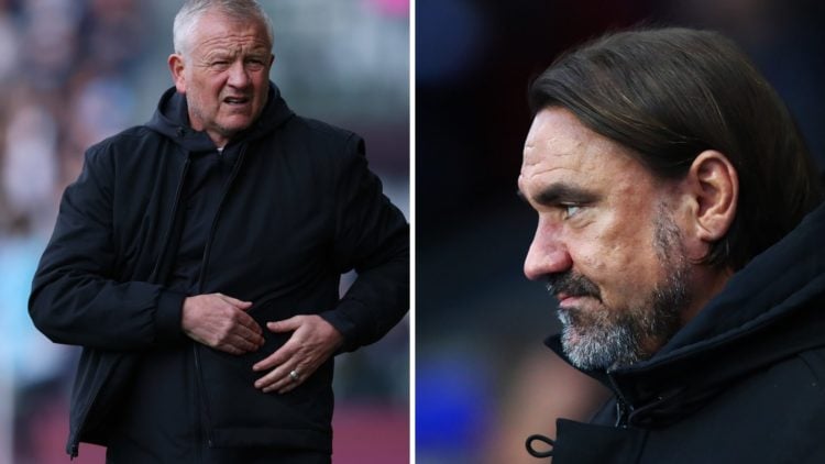 Chris Wilder prepares for a Sheffield United match as Daniel Farke looks on during a Leeds United game.