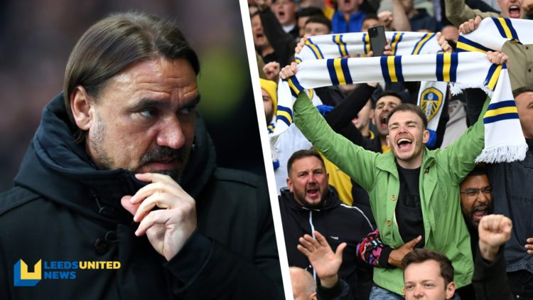 Split image of Leeds United manager Daniel Farke and the Leeds United fans celebrating a goal.