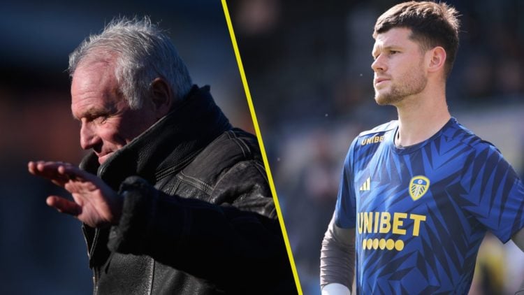 Split image of former Leeds United player Eddie Gray in 2018 and Leeds United goalkeeper Illan Meslier.