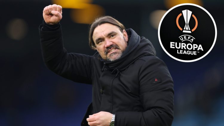 Split image of Daniel Farke, manager of Leeds United celebrating and the Europa League logo.