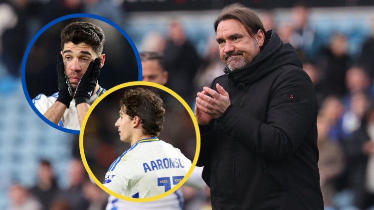 Leeds United manager Daniel Farke applauds fans. Insets: Manor Solomon and Brenden Aaronson look dejected.