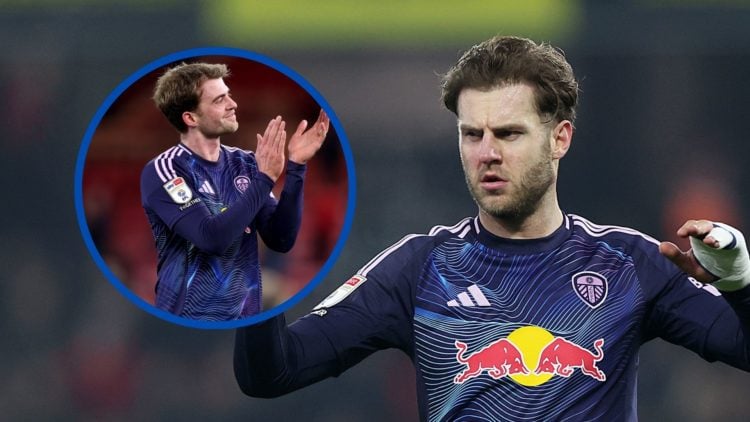 Joe Rodon gestures his Leeds United teammates to calm down. Inset: Patrick Bamford applauds fans.