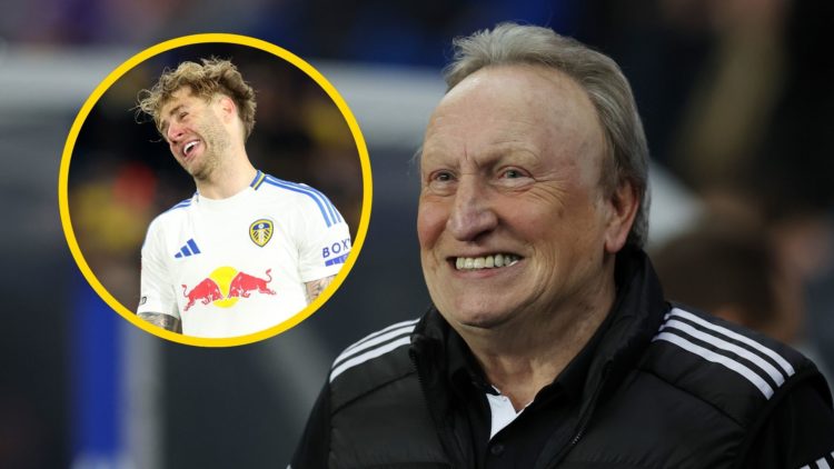 Neil Warnock with a big smile on his face. Inset: Leeds United's Joe Rodon playing in white.