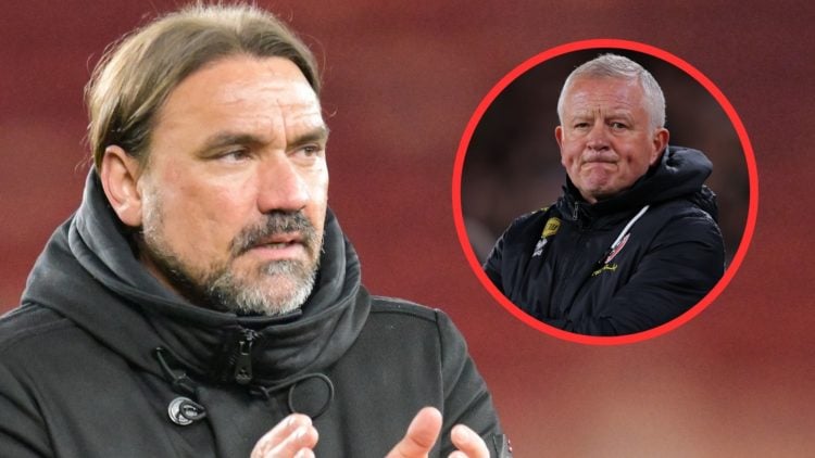 Daniel Farke applauds Leeds United fans. Inset: Sheffield United manager Chris Wilder looks apprehensive.