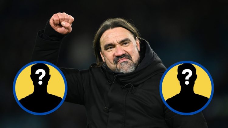 Leeds United manager Daniel Farke raises first in celebration. Insets: Two mystery figures.