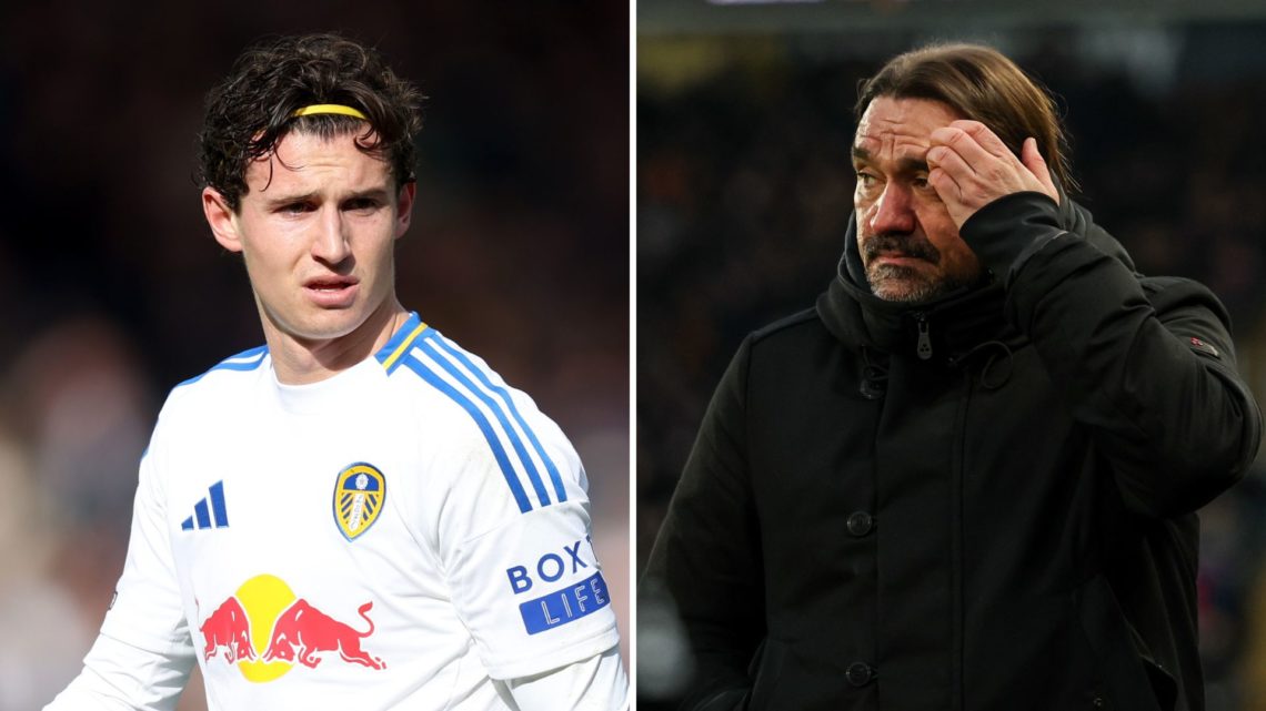 Split images: Brenden Aaronson in action for Leeds United (L) and Daniel Farke scratching his brow (R).
