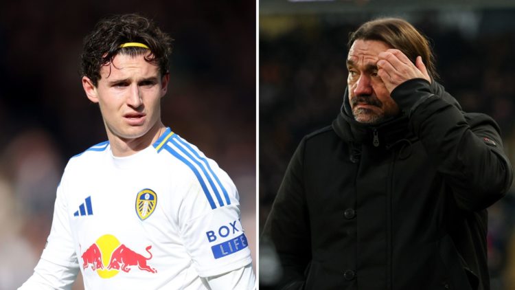 Split images: Brenden Aaronson in action for Leeds United (L) and Daniel Farke scratching his brow (R).