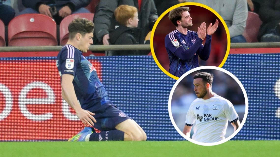 Dan James celebrates his goal for Leeds against Middlesbrough. Insets: Patrick Bamford and Sam Greenwood.