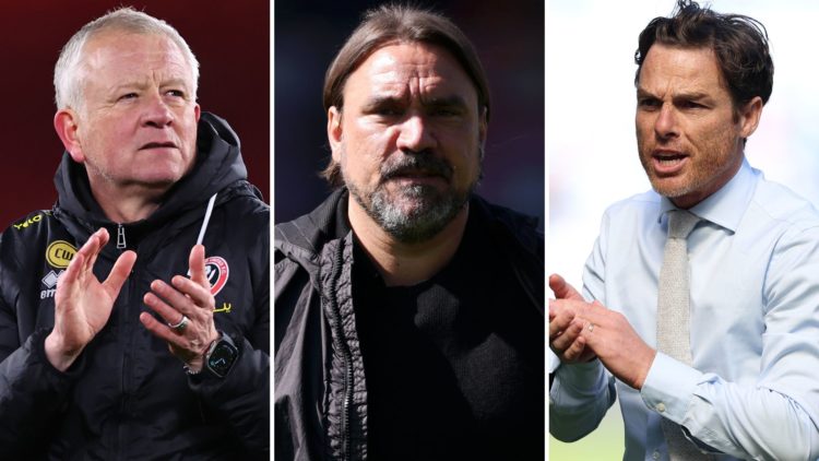 Split image of Sheffield United manager Chris Wilder (L), Leeds United manager Daniel Farke (C) and Burnley boss Scott Parker (R).