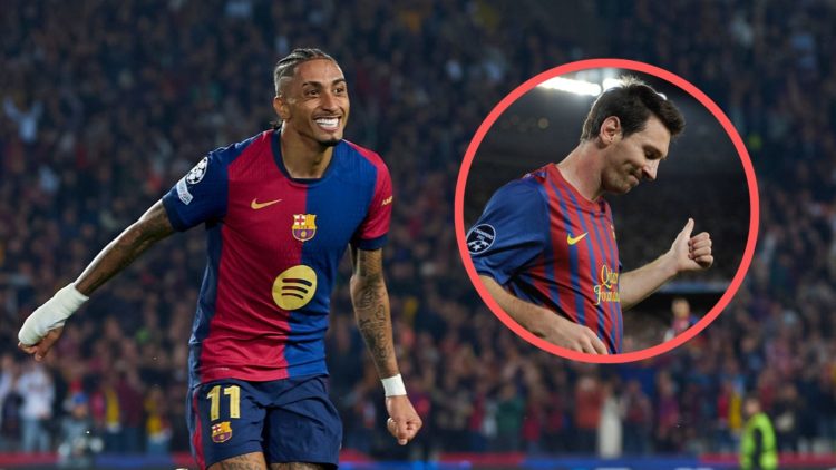 Raphinha celebrates for Barcelona in the Champions League. Inset: Lionel Messi gives a thumbs up while playing for Barca in 2011.