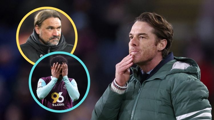Burnley manager Scott Parker rubs his chin. Insets: Daniel Farke and Lyle Foster has his head in his hands.