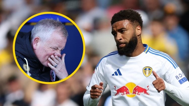 Jayden Bogle does a thumbs up while playing for Leeds United. Inset: Chris Wilder wipes his face.