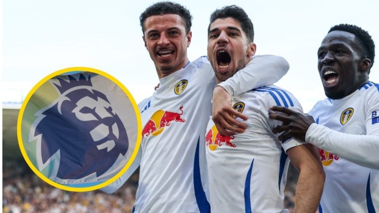 Ethan Ampadu, Manor Solomon and Willy Gnonto celebrate a goal for Leeds United. Inset: The Premier League badge on a flag.