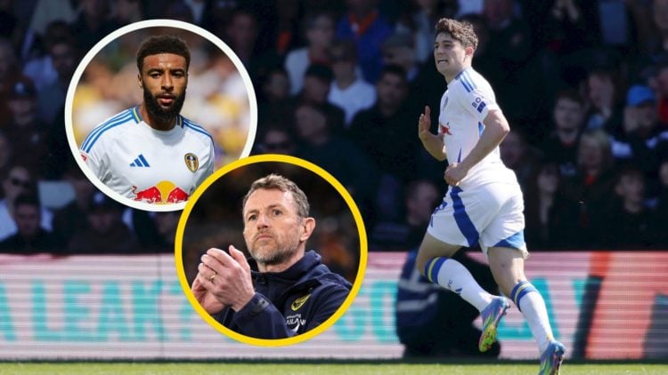 Dan James celebrates his goal against Luton. Insets: Jayden Bogle and Oxford manager Gary Rowett.