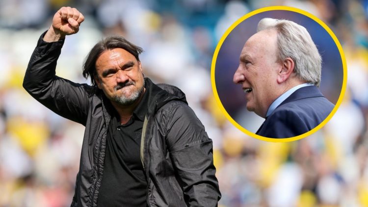 Daniel Farke pumps his first in the air in celebrate. Inset: Neil Warnock smiles.