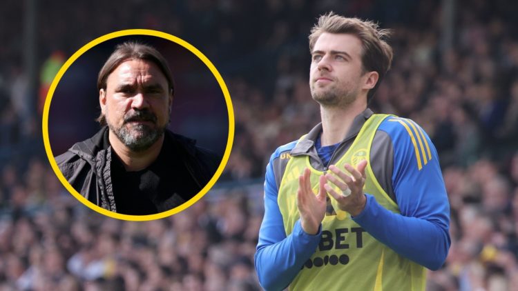 Patrick Bamford applauds Leeds United fans. Insets: Daniel Farke.