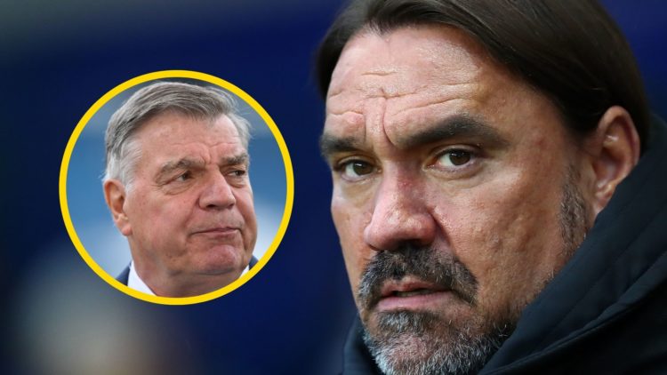 Leeds United manager Daniel Farke's face. Insets: Sam Allardyce.
