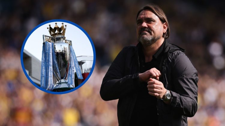 Daniel Farke celebrates a Leeds United win. Insets: Premier League trophy.