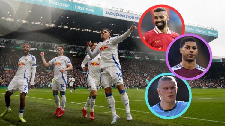 Collage. Leeds United players celebrate at Elland Road. Insets: Mohamed Salah, Marcus Rashford, Erling Haaland.