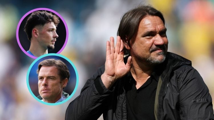 Daniel Farke cups his ears to Leeds fans in celebration. Insets: James Trafford and Scott Parker of Burnley.