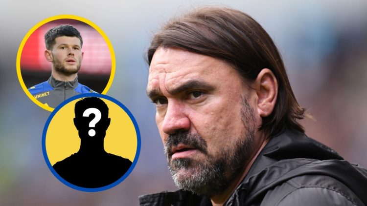 Leeds United manager Daniel Farke looks on. Insets: Illan Meslier and mystery figure.