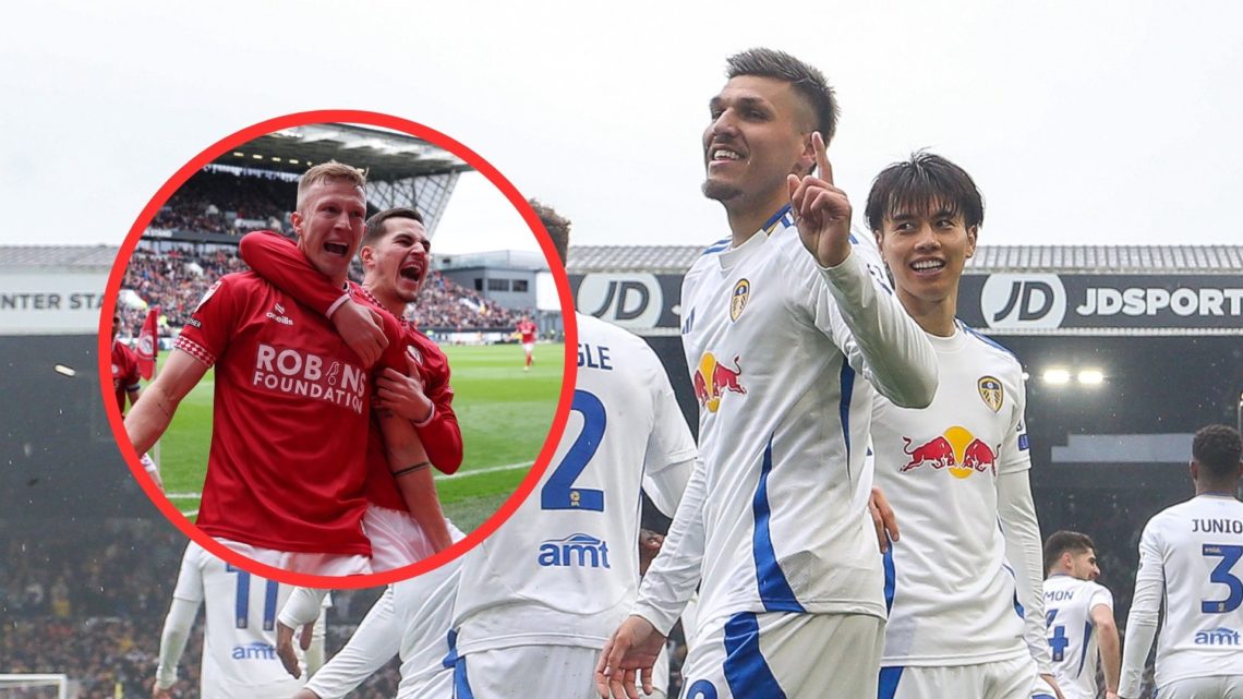 Joel Piroe celebrates a goal at Elland Road by pointing, with Ao Tanaka. Inset: Bristol City players Ross McCrorie and Anis Mehmeti celebrate.