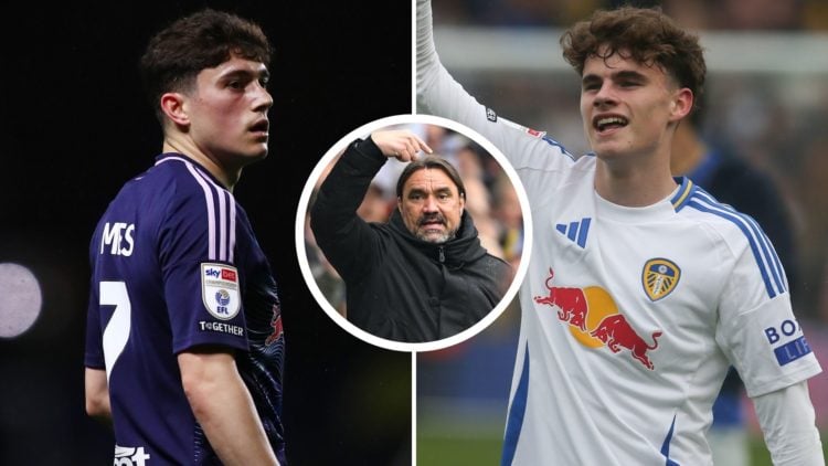 Split image: Leeds United's Dan James in action (L). Harry Gray celebrating (R). Inset: Daniel Farke pointing.