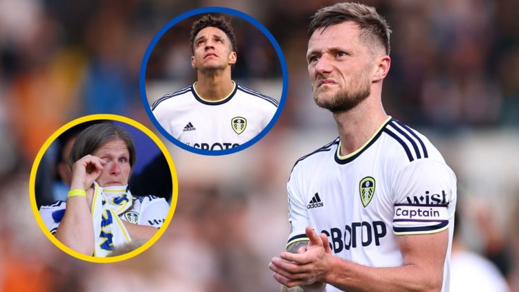 A dejected Liam Cooper claps Leeds fans after relegation in 2023. Insets: Rodrigo Moreno crying, Leeds fan crying.