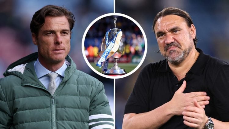 Split image: Daniel Farke with his hand on his heart (R). Burnley manager Scott Parker (L). Inset: Championship trophy.
