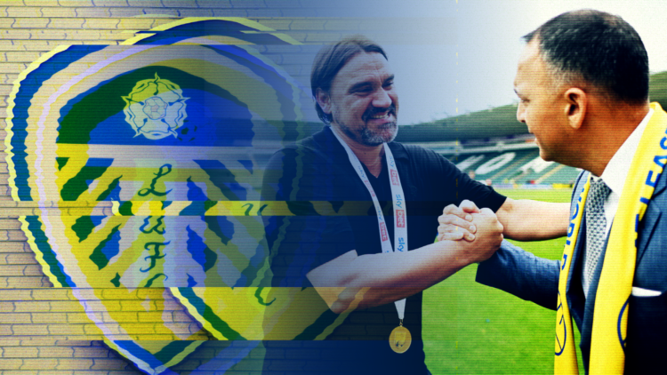 Composite image of Daniel Farke, Paraag Marathe and the Leeds United badge