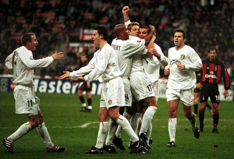 8 Nov 2000:  Leeds celebrates Dominic Matteo headed goal during the AC Milan v Leeds United Group H Champions League match at the San Siro Stadium ...