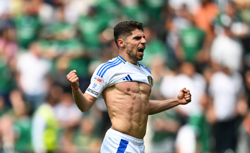 Manor Solomon takes his shirt off in celebration as Leeds Untied defeat Plymouth Argyle.