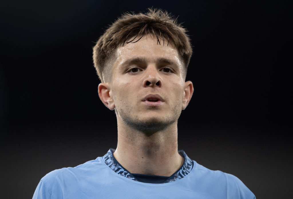 Close up image of James McAtee in action for Manchester City.