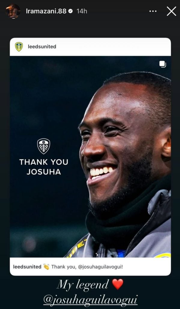 Screenshot of Largie Ramazani paying tribute to Josuha Guilavogui after his Leeds United exit.