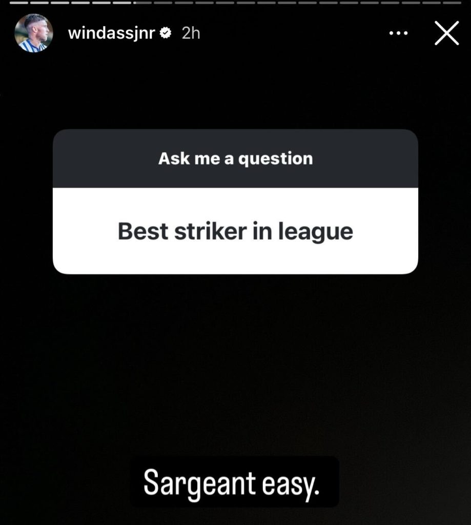 Screenshot of Josh Windass picking Norwich City's Josh Sargent as the best striker in the Championship.