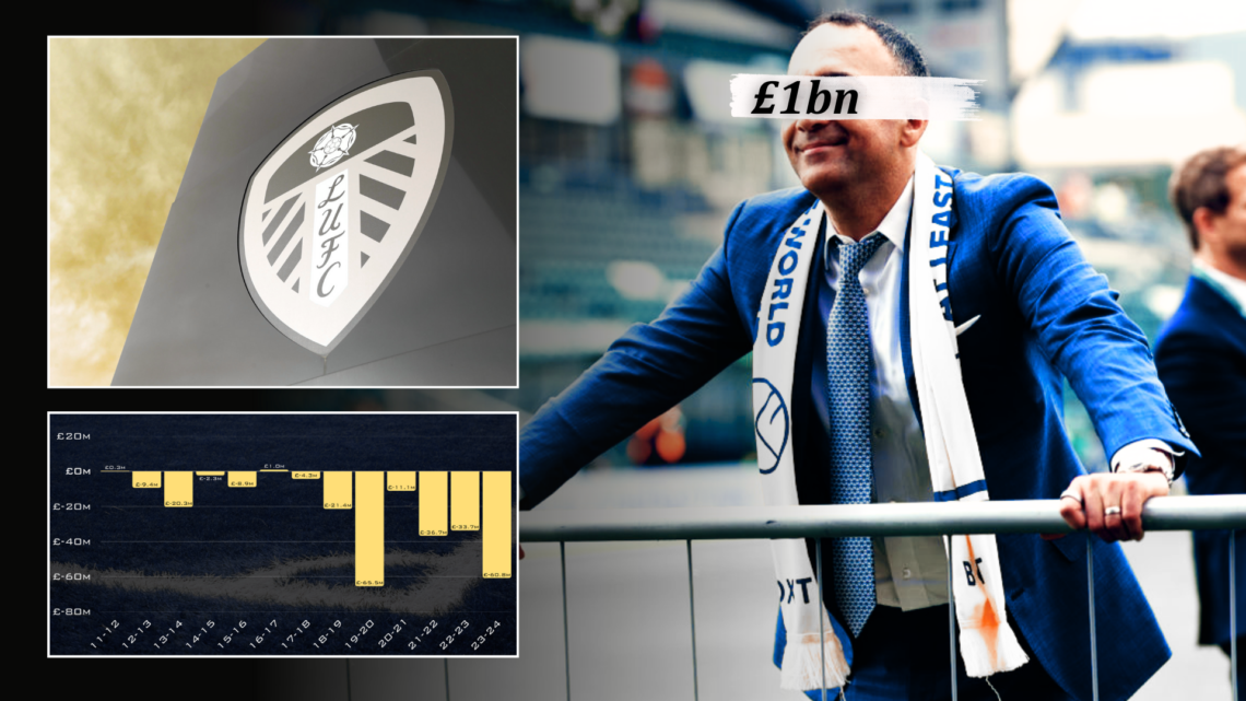 A composite image of 49ers president Paraag Marathe celebrating at Elland Road, the Leeds United badge and a financial graph, with '£1bn' wordage