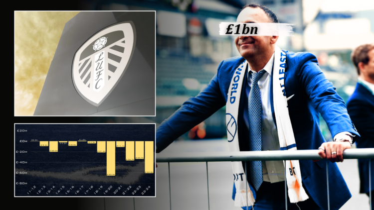 A composite image of 49ers president Paraag Marathe celebrating at Elland Road, the Leeds United badge and a financial graph, with '£1bn' wordage