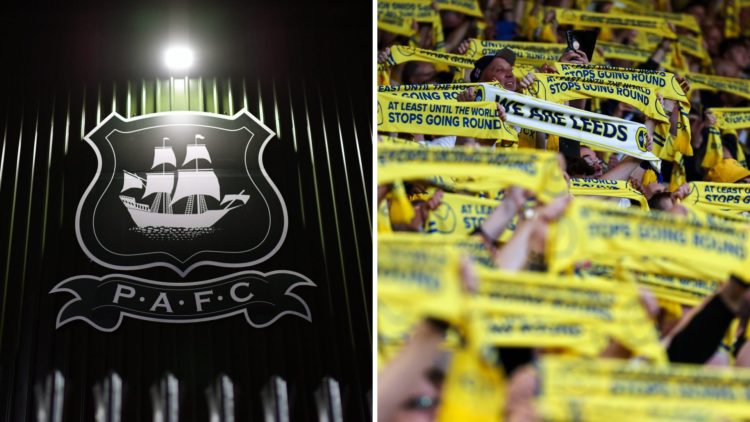 Plymouth badge on their Home Park stadium and Leeds United fans on Monday night.