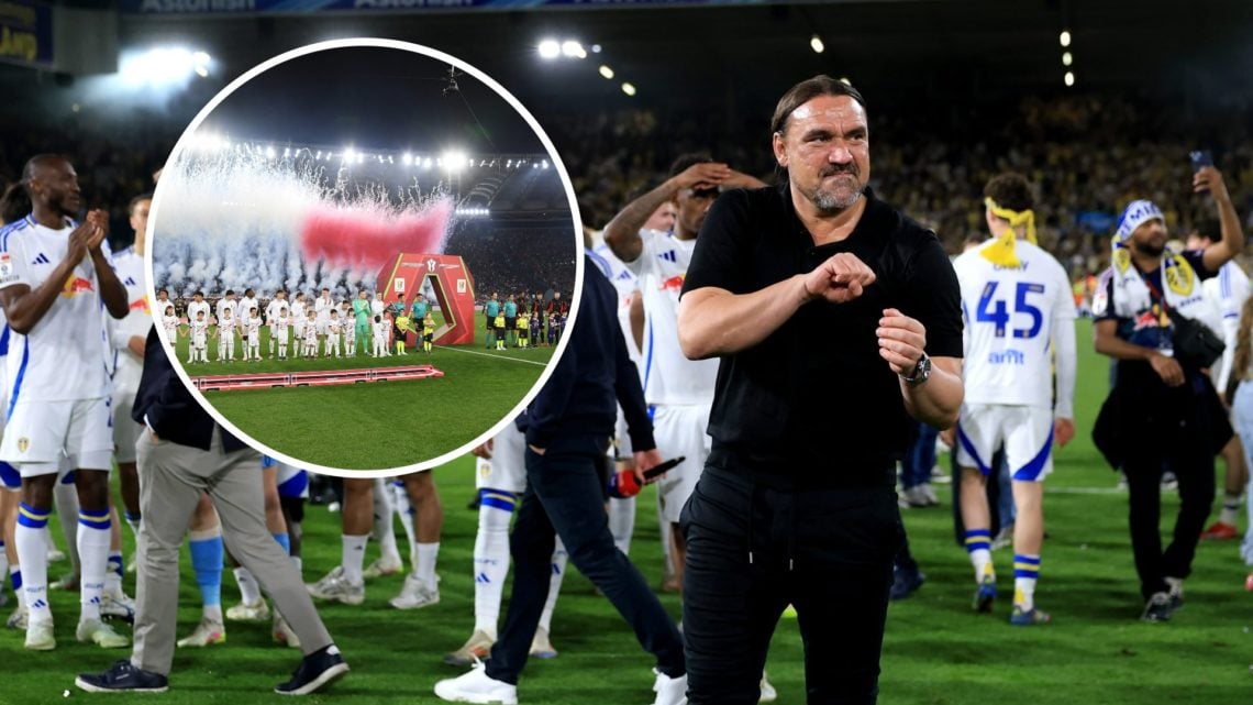 Leeds United manager Daniel Farke celebrates winning promotion from the Championship. Inset Bologna celebrate winning the 2024/25 Coppa Italia.