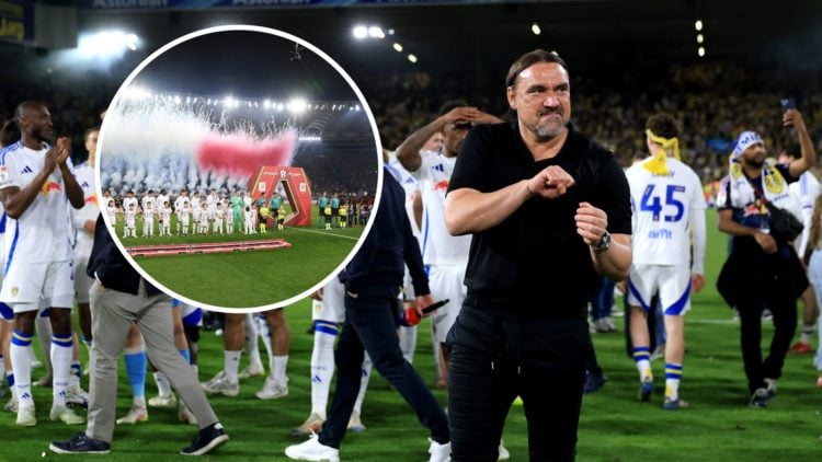 Leeds United manager Daniel Farke celebrates winning promotion from the Championship. Inset Bologna celebrate winning the 2024/25 Coppa Italia.