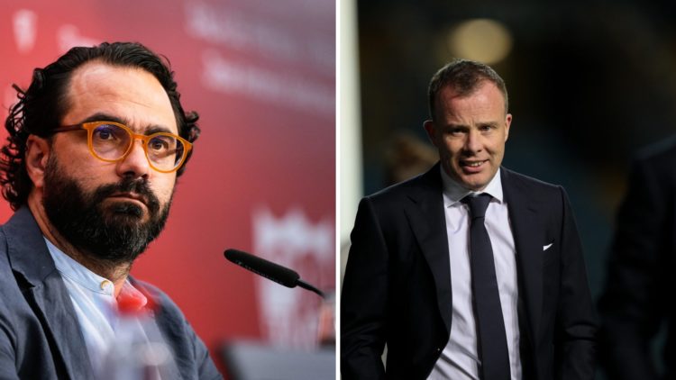 Angus Kinnear during a Leeds game and Victor Orta in a Sevilla press conference.