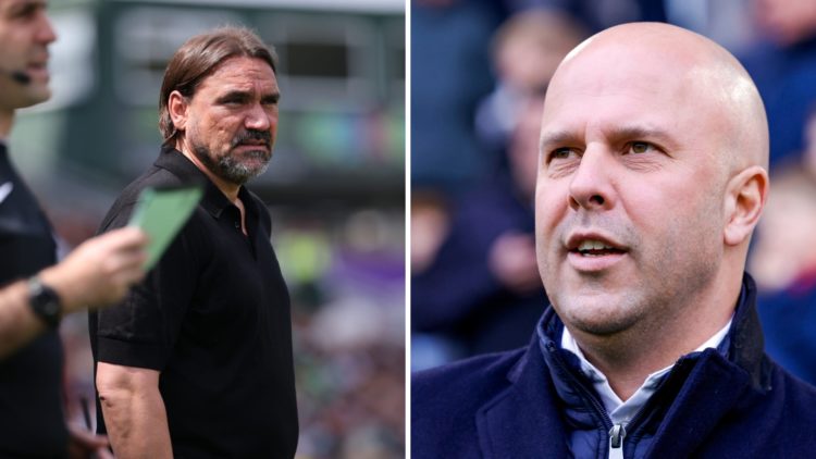 Daniel Farke during Leeds' last game of the season and Liverpool boss Arne Slot.
