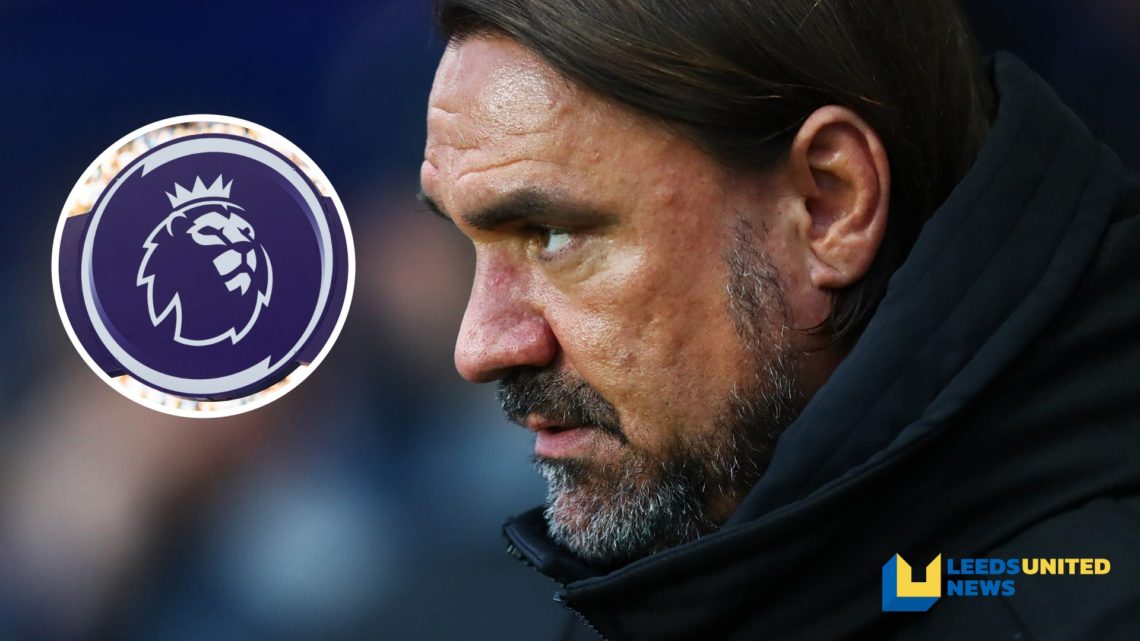 Leeds United manager Daniel Farke looks on from the touchline. Inset a picture of the official Premier League logo.