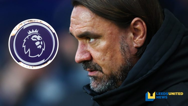 Leeds United manager Daniel Farke looks on from the touchline. Inset a picture of the official Premier League logo.