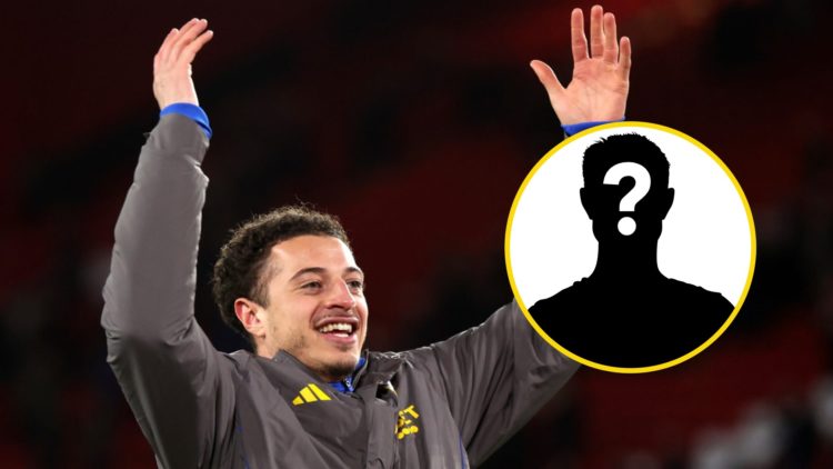 Ethan Ampadu smiling with his hands in the air in celebration. Inset: Mystery figure.