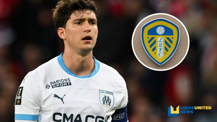 Marseille centre-back Leonardo Balerdi during a game, inset a picture of the official Leeds United club badge.