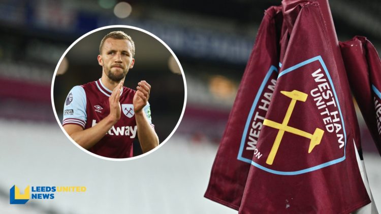 The West Ham corner flag showing their club badge at their London Stadium. Inset a picture of West Ham midfielder Tomas Soucek clapping the fans.