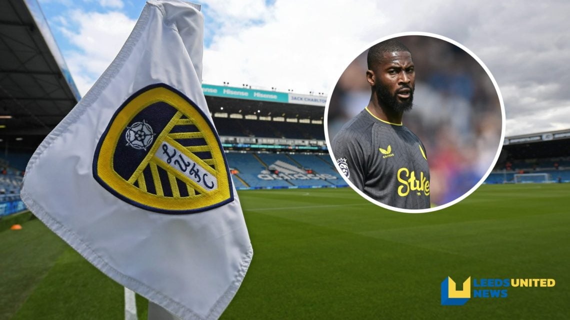 A picture of the corner flag at Elland Road showing the Leeds United club badge. Inset a picture of Everton striker Beto.