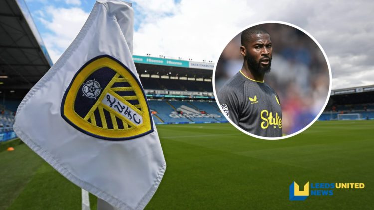 A picture of the corner flag at Elland Road showing the Leeds United club badge. Inset a picture of Everton striker Beto.